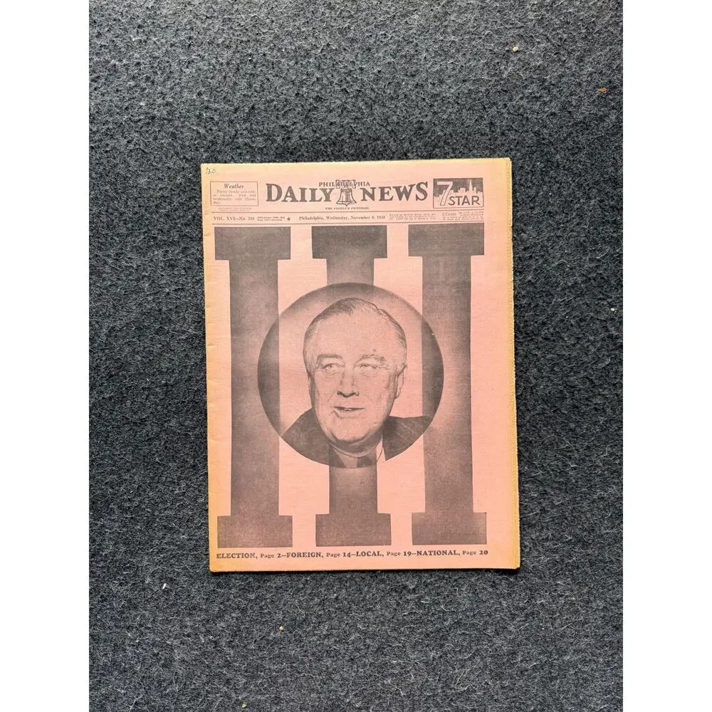 Original 1940 Franklin Delano Roosevelt Reelected to Historic Third Term - Day